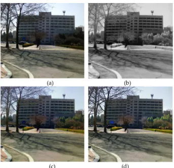 Fig. 12. Input image pair and resulting images(6): (a) input visible image, (b) input NIR image, (c) conventional method, and (d) proposed method