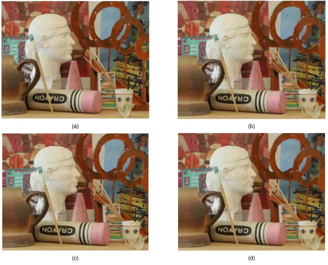 Fig. 13. Example images after attacks: (a) original image, (b) JPEG compression quality 40/100, (c) Gaussian noise 3% added, (d) 9×9 Median  filtering 