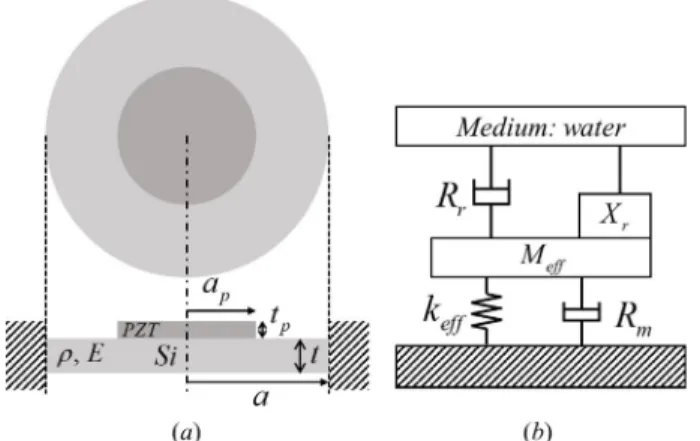 Fig. 1. (a) Schematic diagram of a pMUT, (b) lumped parameter model of a pMUT 