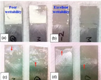Fig. 8. SEM images of the fracture surface in the adhesive joints after the DCB test at -150°C; (a) SP1, (b) SP2, (c) SP3 and (d) SP4