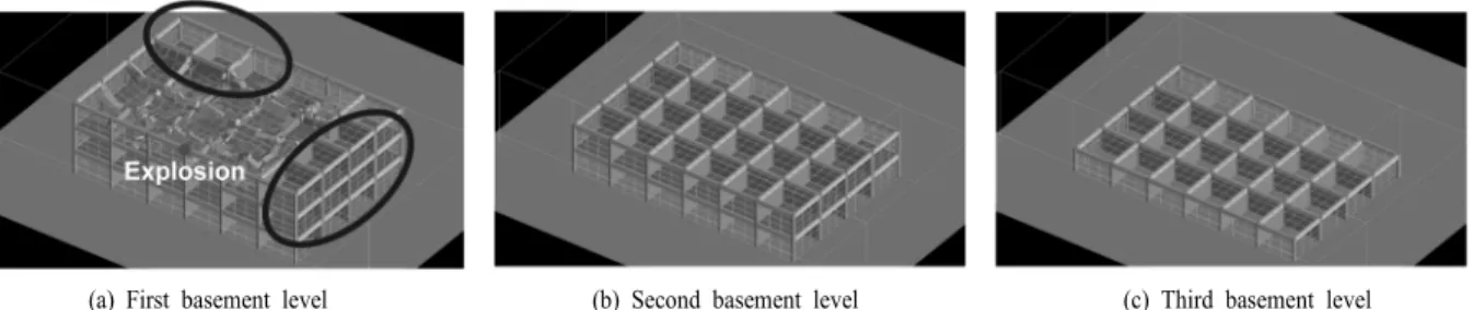 Fig. 7. Expected existing cavities after blasting-induced 10-story building collapse simulation in case of explosion on outside and  wall existing in the basement floor.