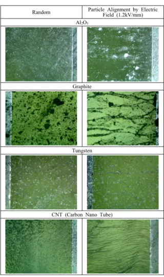 Fig. 6  Particle location comparison between initial random(left) and  aligned by electric field (right) with Al 2 O 3 , Graphite, CNT,  Tungsten