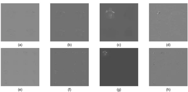 Fig.  4.  Quad-tree  FLT  results  from  DH  in  Fig.  1:  1-level  FLT  planes;  (a)  real,  (b)  imaginary,  (c)  magnitude,  (d)  phase,  2-level  FLT  planes;  (e)  real,  (f)  imaginary,  (g)  magnitude,  (h)  phase