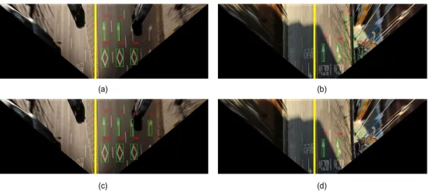Fig.  10.  Examples  of  symbolic  road  marking  detection  result  (a)(b)  good  examples  (c)(d)  bad  examples
