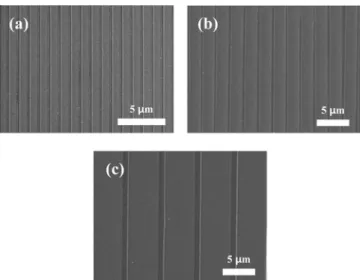 Fig. 3. SEM images of transfer-printed Pt lines with line widths of (a) 1 µm, (b) 2 µm and (c) 5 µm.