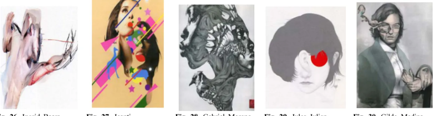 Fig. 23 에서 와렌과 닉(Warren &amp; Nick)은 현실적 자아의 대체 물로서 끊임없이 유동하는 디지털 아바타의 특별한 존재 이미 지를 유기적으로 흐르는 곡선들의 조합들을 통해 왜곡된 얼굴 을  표현하였다