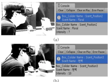 Fig. 10은 사용자가 콘텐츠 내에 설치된 box collider와 부딪 혔을 때 발향하기 위한 설정 값을 보여주고 있다 첫 번째 box collider와 부딪혔을 시 Fig