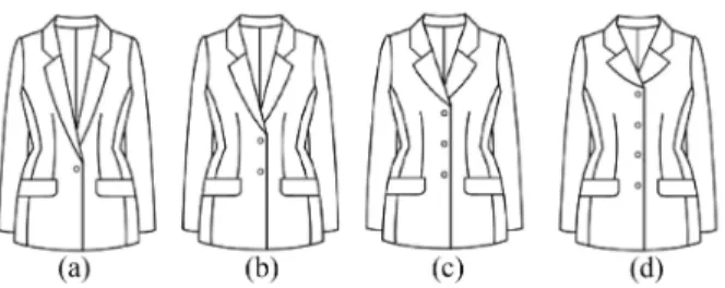 Fig. 3. Patterns for the first experimental jacket; (a) 1-button jacket pattern, (b) 2-button jacket pattern, (c) 3-button jacket pattern, (d) 4-button jacket pattern.