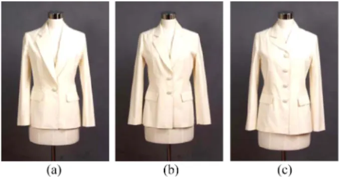 Fig. 9. The Second experimental jackets; (a) 1-button jacket, (b) 2-button jacket, (c) 4-button jacket.