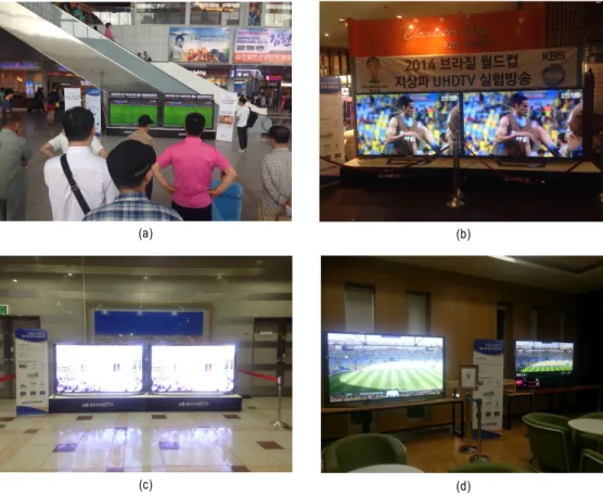 그림 7.  4K  공개 시연 (a)  서울역 (b)  KBS  본사 (c)  KBS  대전 (d)  KBS  제주