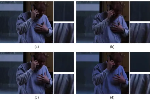 그림 8.  (a)  카메라 움직임이 없는 영상,  (b)  [2]의 빗줄기 제거 결과,  (c)  [5]의 빗줄기 제거 결과,  (d)  제안 알고리즘 빗줄기의 제거 결과