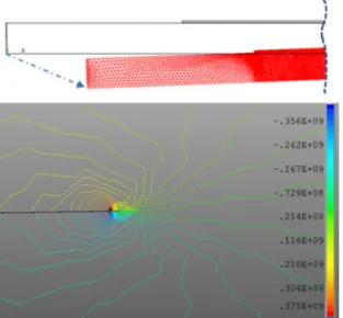 Fig. 2. A displacement and stress xx contour around a crack  tip in case of the edge crack length 0.1 mm