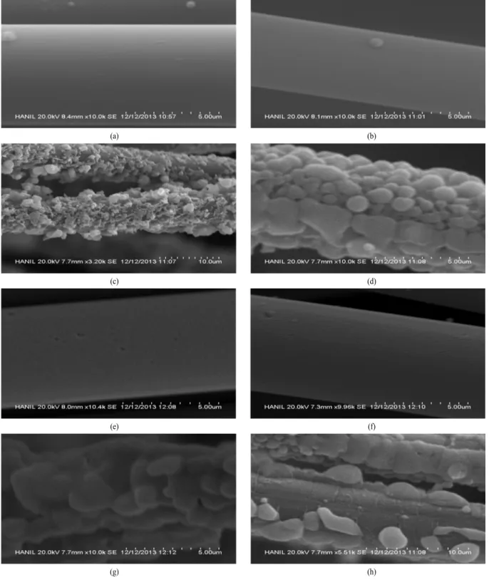 Fig. 10. SEM micrographs of ACF samples with carbonization at 700℃ or 800℃ ; (a) cH 7 , (b) cHN 7 , (c) cHK 7 , (d) cHNK 7,  (e) cH 8 , (f) cHN 8 , (g) cHK 8 , (h) cHNK 8 