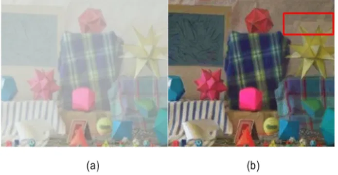 Fig.  1.    Example  of  block  artfiact;  (a)  haze  image  and  (b)  DCP  method