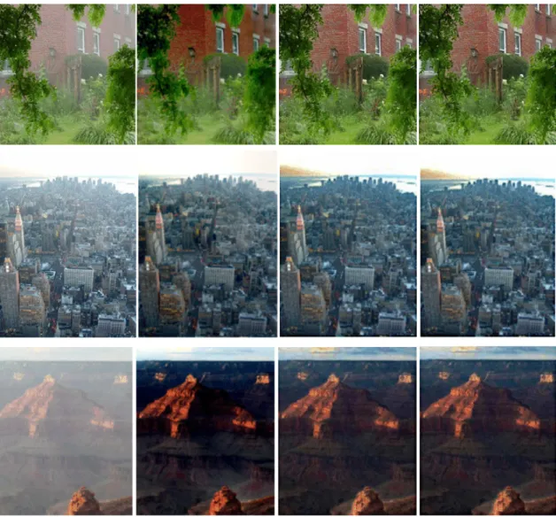 그림 7.  자연 영상의 안개 제거 (a)  입력 영상,  (b)  Fattal  방법 (c)  Guided  필터링 (d)  제안한 방법