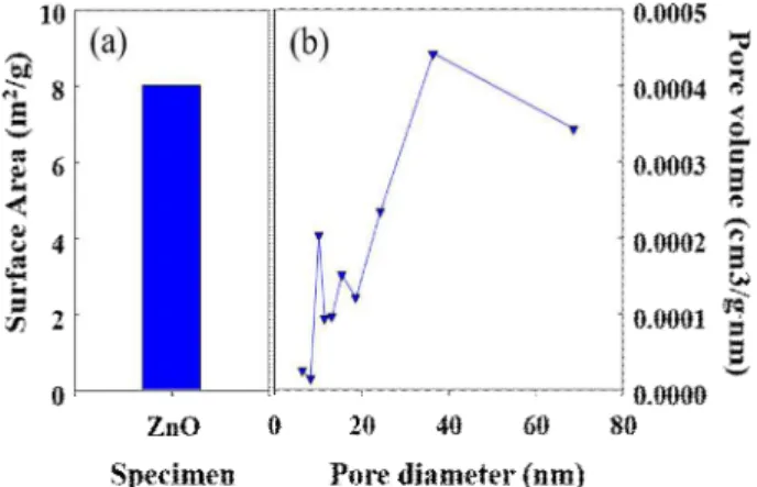 Fig. 6. (a) Specific surface area and (b) pore size distribution of the ZIF-7 derived ZnO nanoparticles.