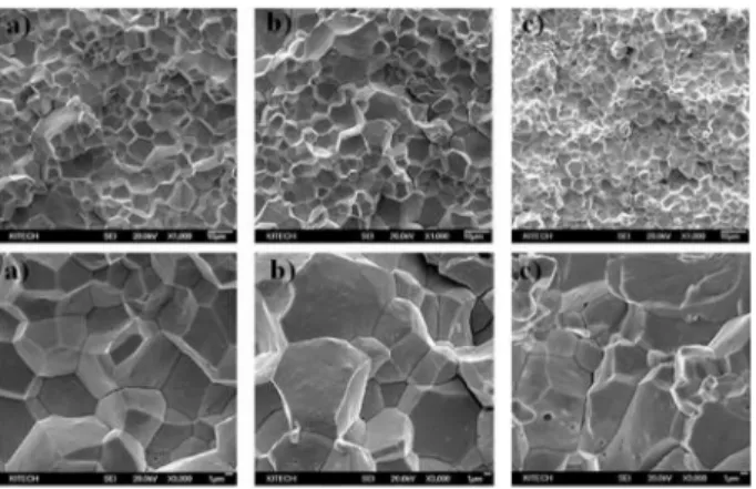 Fig. 16. SEM image of Ru sintered-body as a function of position. a) 0 mm, b) 25 mm and c) 50 mm