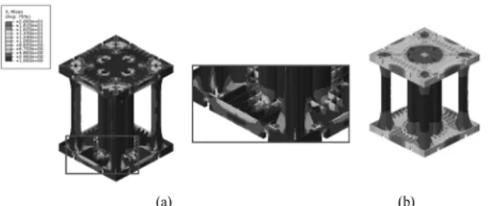 Fig. 6. Predictions of von mises stress, fragile site(a) and disp- disp-lacement distribution(b) of model 3.