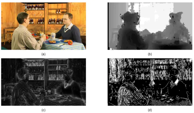 Fig.  3.  Extracted  features  from  stereo  images  (a)  original  left  image    (b)  disparity  saliency  map    (c)  intensity  saliency  map    (d)  line  segments내에서의 특징점 및 특징점 간 변이를 나타내고 있다