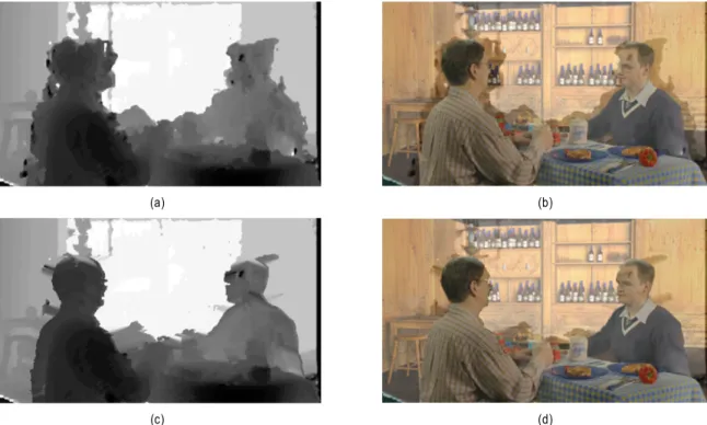 Fig.  5.  Overlapped  images  of  color  image  and  its  disparity    (a)  before  modification  (b)  after  modification워핑(Grid-mesh  warping) 기법으로 다시점 영상을 생성할때 영상의 중요한 부분과 직선 부분에서 왜곡이 최소화 되도록 사용된다[5,6]