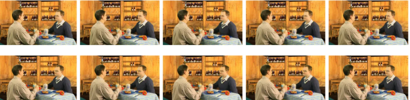 그림 10.  생성된 다시점 영상 ('BeerGarden'  시퀀스의 첫 번째 프레임으로 생성한 0~9  시점)   Fig.  10.  Generated  multi-view  images  (0~9th  view  in  first  frame  of  'BeerGarden'  sequence)스테레오 영상으로부터 추출된 특징 성분들이 가상 시점으로 이동했을 때 얼마나 유지되었는가를 의미하게 된다