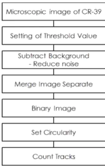 Fig. 2. Image analysis process of 500 MeV/u Fe ion irradiated CR- CR-39 SSNTD.