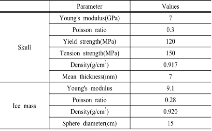 Table 1. The material properties of the skull and ice mass
