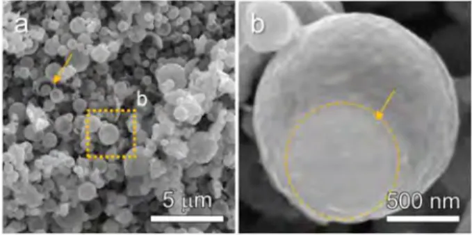 Fig. 2. Scanning electron microscopy (SEM) images of MoS 2 -MoO 2 composite yolk-shell spheres.