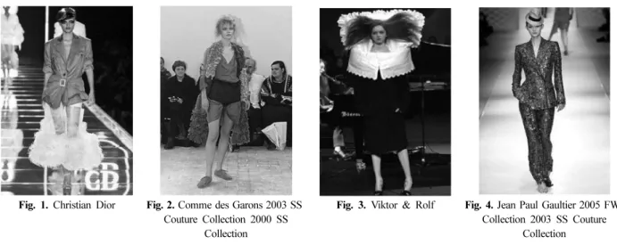 Fig. 1 는 Christian Dior의 2003 SS Couture Collection에서 의 작품으로 이는 남성성과 여성성의 이성적 요소들을 하나로 통합하여  성(gender)에  의한  상호텍스트로써  양성성의  인간상 을 패션에 표현한 것이다