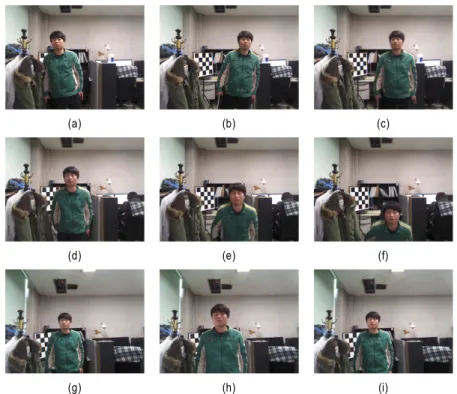 Fig.  7.  Images  in  each  sequence:  LR;  (a)  64th,  (b)  79th,  (c)  186th,  UD;  (d)  38th  (e)  96th  (f)  107th,  BF;  (g)  32th  (h)  65th  (i)  149th     2.4 매칭보정Sparse 탐색과 조기종료로 인하여 발생한 추적 오류를줄이기 위해서 보정과정이 수행되는데, 그 방법은 조기종료 된 화소의 주위화소들에 대해 추가적인 탐