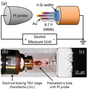 그림 7.  Nanofactory社의  Electrical  probing  TEM stage 활용 예 (단일 나노와이어의  전기적 물성 평가) [7]. 