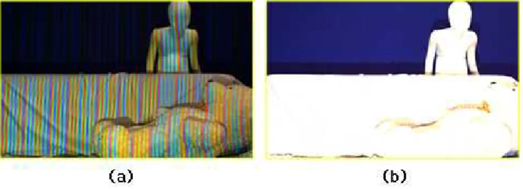 Fig.  4.  (a)  Input  image  with  projected  pattern,  (b)  Textured  image그림 3.  De  Bruijn  패턴이 조사된 영상