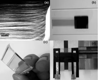 Fig. 1. SEM image and photographs of (a) Spin-capable CNTs showing good alignment of MWCNTs, (b) CNT sheet pulling from a CNT forest, sheet transfer from the Si substrate to glass, (c) PDMS substrate, and (d) fabricated strain sensor.