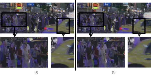Fig.  8.  Comparison  of  the  decoded  'Night'  sequence  processed  by  the  proposed  method  and  the  existing  method,  (a)  Decoded  sequences  processed  by  the  existing  method  (b)  Decoded  sequences  processed  by  the  prposed  method