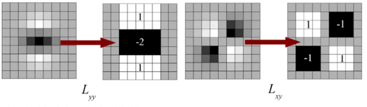 Fig.  3.  Approximated  box  filters  from  the  Gaussian  second  order  derivative  filters적분 영상을 한번 생성하게 되면 그림 2와 같이 어떤