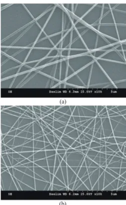 Fig. 1. SEM images of nanofibers (a) before and (b) after calcination for 1 h at 500 £ C.