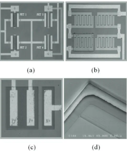 Fig. 3. Photographs of fabricated sensor chip; (a) bridge type FET sensor, (b) bridge type resistor sensor (c) diode temperature sensor and (d) sensor edge after lift-off.