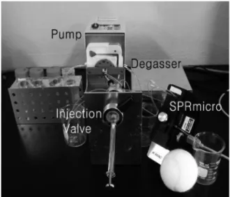 Fig. 1.  The SPR sensor system including SPRmicro,  injection valve, degasser, and peristaltic pump for  experiments.