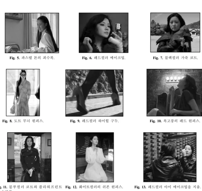 Fig. 5.  파스텔  톤의  죄수복. Fig. 6. 레드컬러  메이크업. Fig. 7. 블랙컬러  가죽  코트.