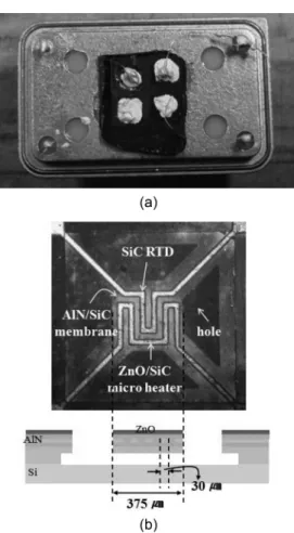 Fig. 1. NO gas sensor integrated 3C-SiC micro heater; (a) Packaged image, (b) top and cross section view.