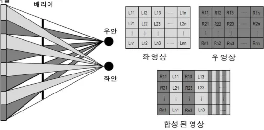 그림 2.  패럴렉스 배리어를 사용한 무안경식 다시점 입체 디스플레이 장치의 원리