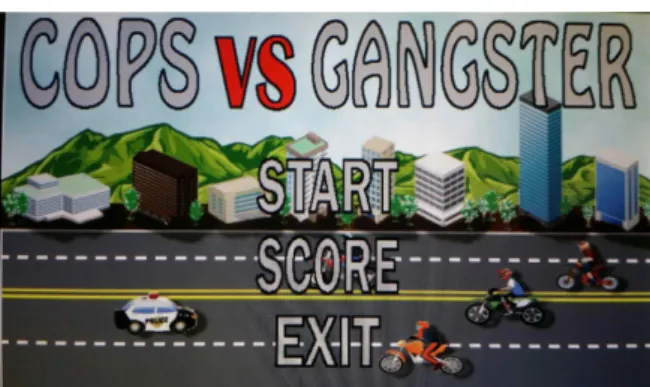 그림  2에서  경찰차와  오토바이를  배치하고,    가  매치한  상황과  뒤의  배경은  산이  있고  게임  Start와  Score,  exit가  있다.
