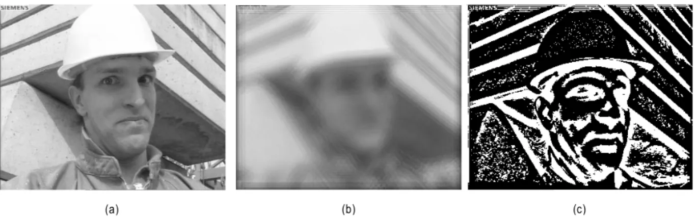 Fig  4.  (a)  Original  Foreman  frame  ( )  (b)  Foreman  frame  applied  wavelet  domain  ( )  (c)  Foreman  frame  applied  one-bit  transform  ()즉 지역적인 변화 특성을 더욱 반영한 영상을 추출할 수있다.그림 3의 과정을 통해 고주파 성분을 제거한 영상과 원본 영상을 이용하여 식 (3) 을 통해 그림 4에 나타낸 1비트이진 영상