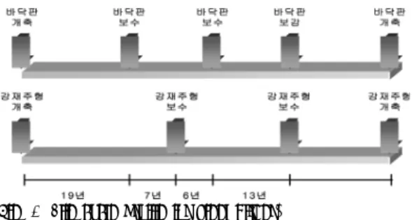 Fig. 4. Life cycle profile for steel girder. 공용수명 동안 각각의 교량형식에서는 수차례의  보수․보강이 이루어진다.  본 연구에서는 보수․보 강에 의해 발생되는  사용자비용을 최소화하기 위 하여 각 교량형식에 대한 보수․보강이력을 Fig