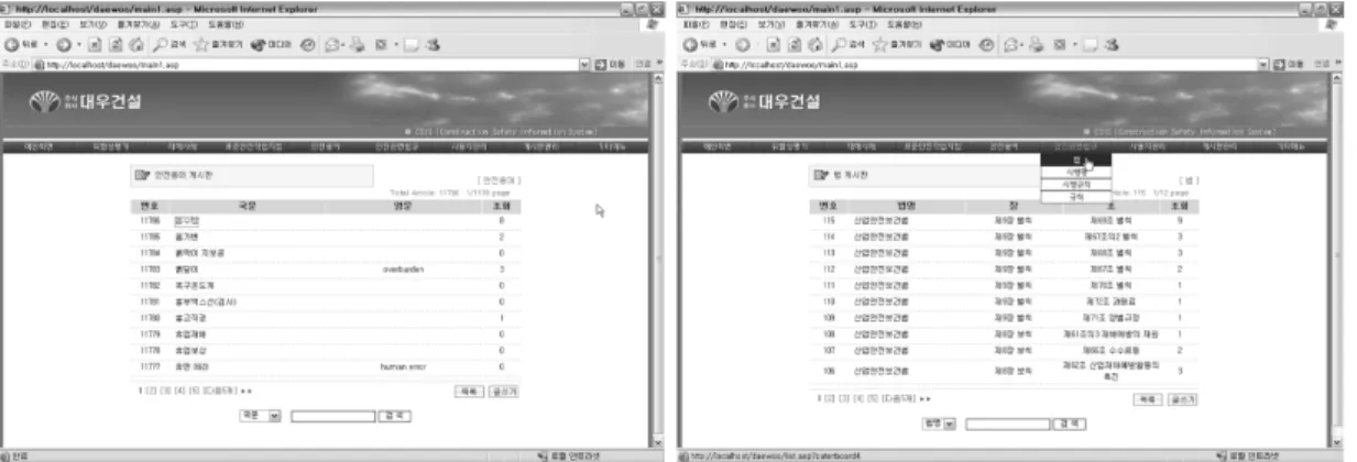Fig. 10. Safety terms and Industrial safety and sanitation law. 칙․규칙의  데이터베이스를  제공함으로써  사용자 가 이해하기 어려운 용어의 해설을 제공하고,  사용 자가 검토하고자 하는 산업안전보건법관련 내용을  용이하게  검색함으로써 업무의 효율성  및 안전성  향상의 기초 자료로 활용할 수 있다
