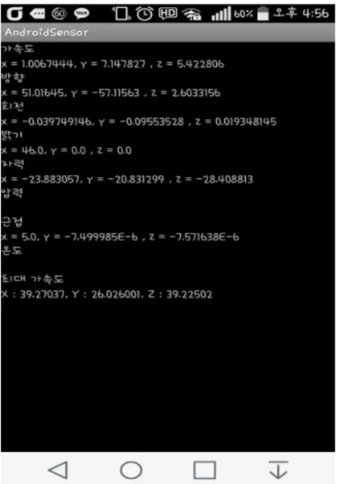 Fig.  1.  Sample  dataset  of  smart  phone  sensors         사용자는  정당한  사용자임을  인증하기  위해  스마트폰을  손에  들고 있는 상태에서 펜을 사용하는 것과  유사하게 자신의 서명을  가상의 3D공간에 할 수 있으며 이 서명 정보는 곧 센서의 실시간  좌표값으로  변환되어  저장된다