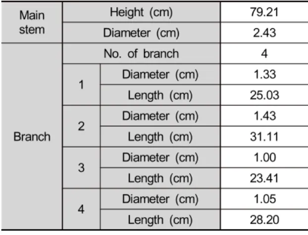 Table  3.  Total  properties  by  3D  point  clouds  analysis Main stem Height  (cm) 79.21 Diameter  (cm) 2.43 Branch No