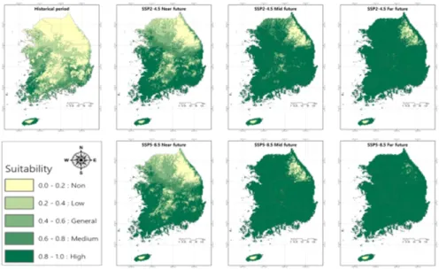 Fig.  6.  Potential  distribution  of  suitable  area  of  G.  carolinianum  under  climate  change  using  SSP2-4.5  and  SSP5-8.5  in South Korea