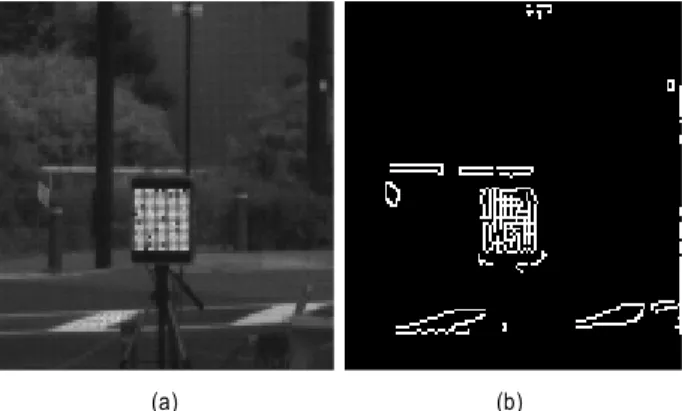 Fig. 7. Edge detection, (a) Arbitrarily frame, (b) Edge image