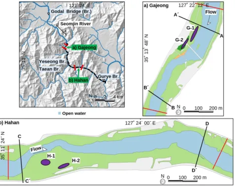 Fig. 1. Map showing the study sites in the Seomjin-gang River, South Korea. The black dashed line indicates the reach  of the hydraulic model, red lines indicate the boundary of the sites, inverse triangle indicates the gauge station, black  line  indicate